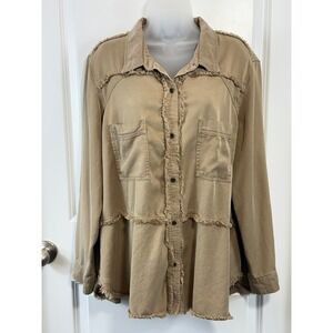 Multiples Womens XL Tan Lyocell Frayed Trim Utility Button Down Shirt Shacket